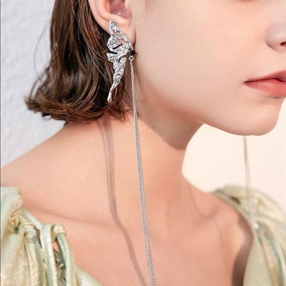 New 925 Silver Post  Asymmetric Butterfly Wing Long Tassel Earrings - Picture 5 of 13